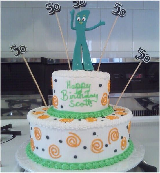 Two-tiered birthday cake with Gumby topper, 
