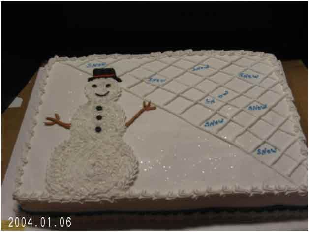 Snowman cake with a grid pattern, names, and a dark hat.