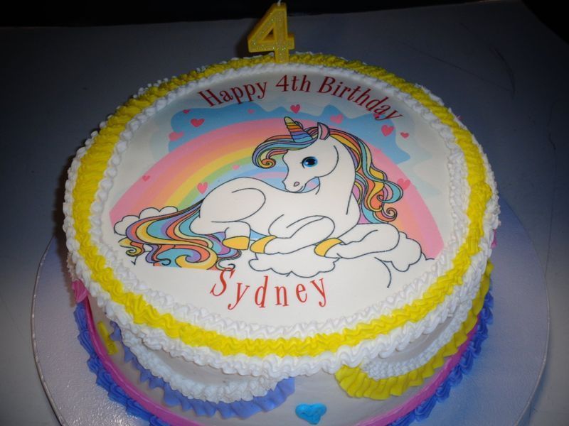 Birthday cake with unicorn graphic, rainbow, 