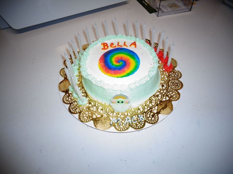 Birthday cake with spiral rainbow design, 