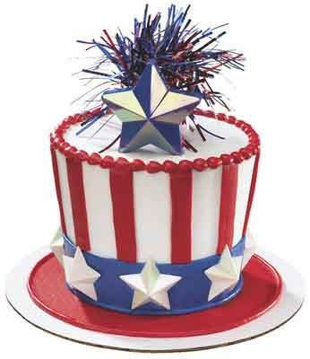 Patriotic cake shaped like Uncle Sam's hat, red and white stripes, blue stars, and a burst of red, white, and blue decorations.