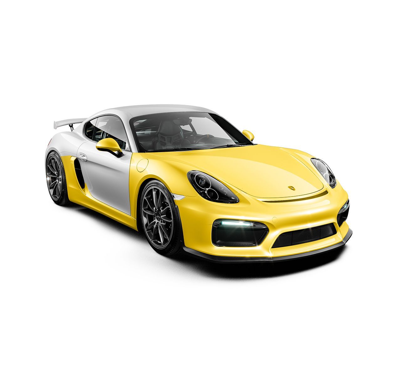 A yellow and white sports car on a white background.