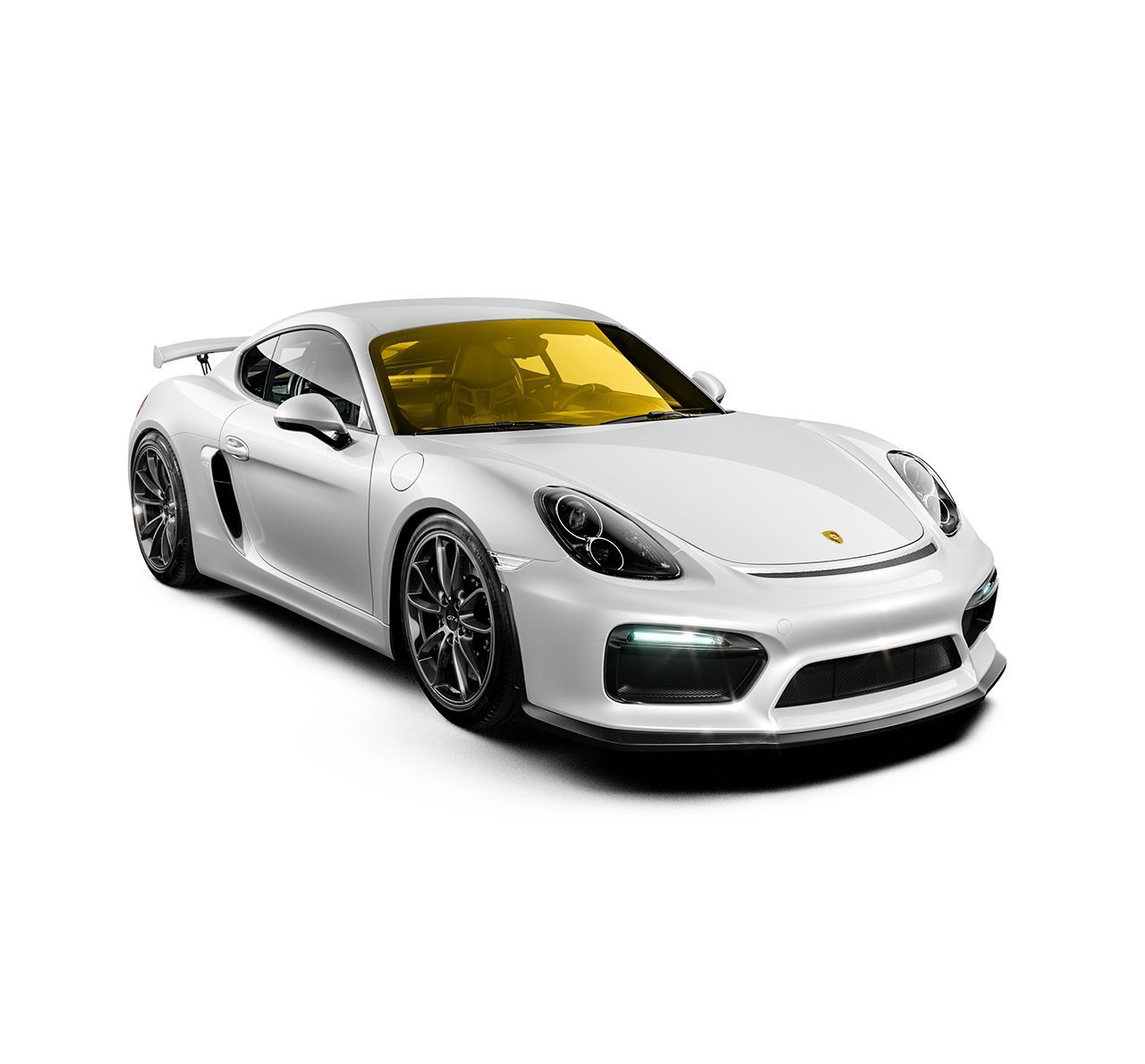 A yellow and white sports car on a white background.