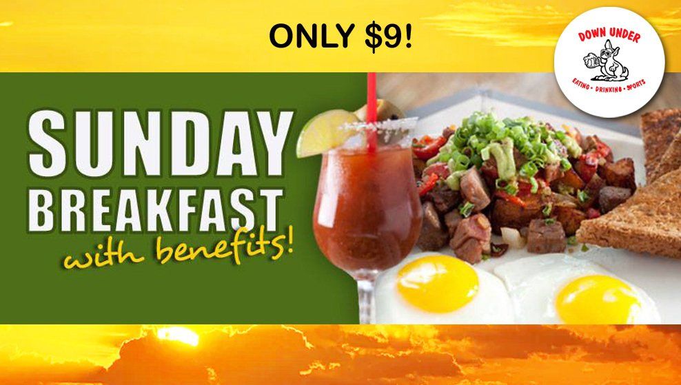 sunday breakfast only 8 dollars at down under bar & grill in clive iowa