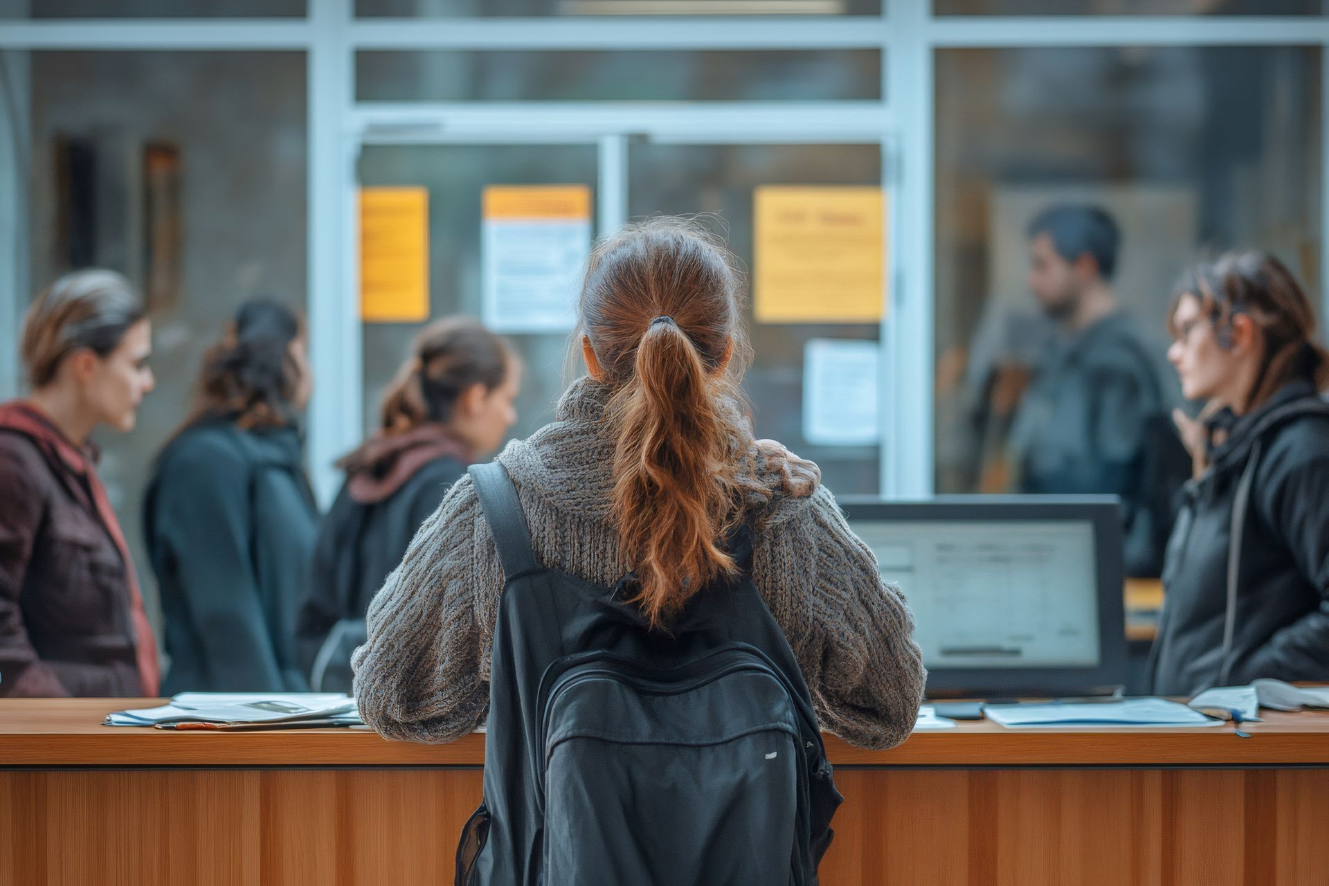 Person with backpack at a service counter in a busy office lobby, facing staff behind desks