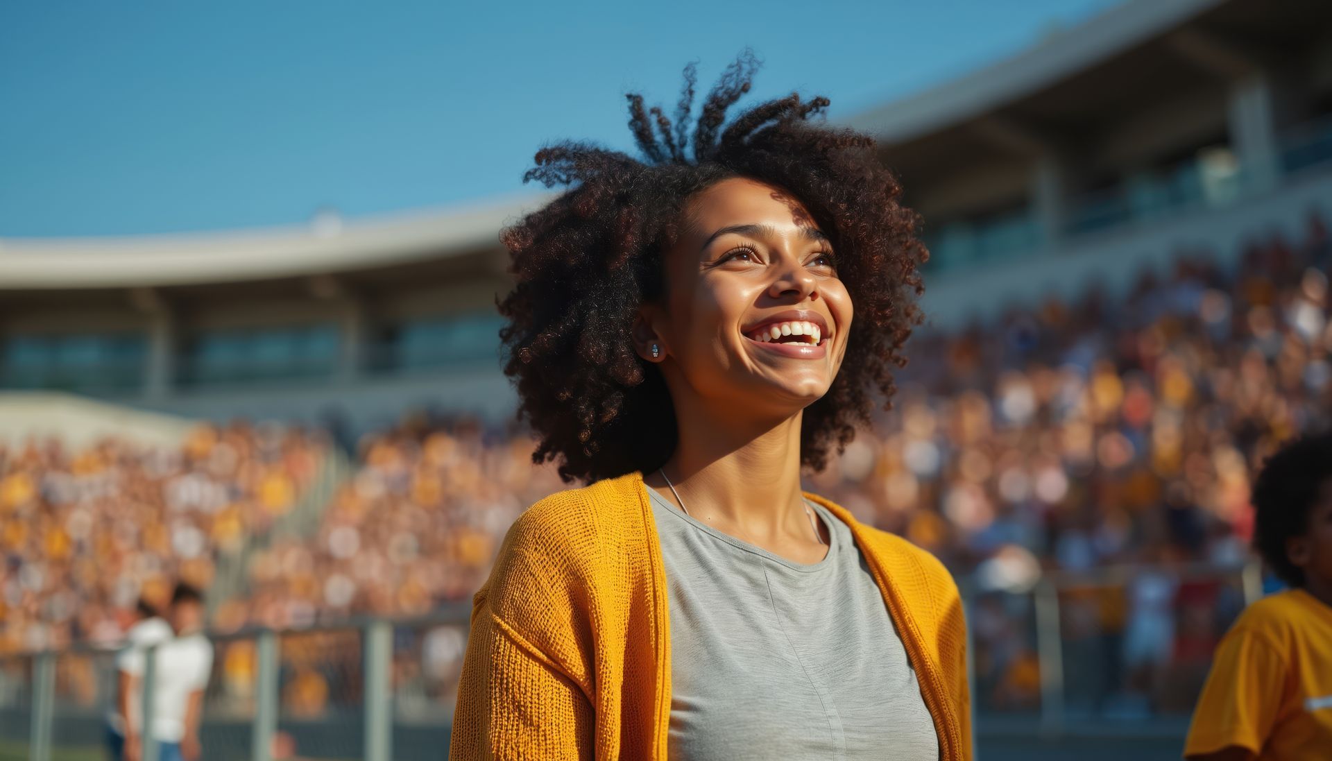 Smiling woman in a yellow cardigan stands in a stadium with a cheering crowd in the background