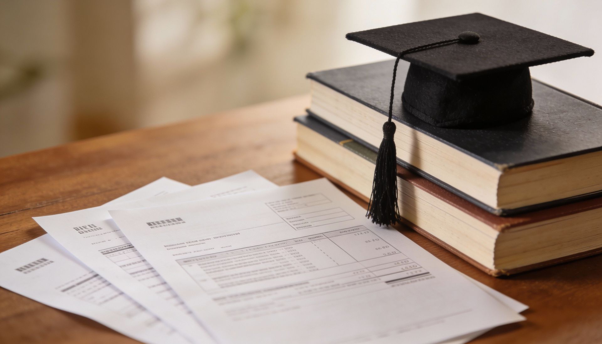 Graduation cap on stacked books beside paperwork on a wooden desk