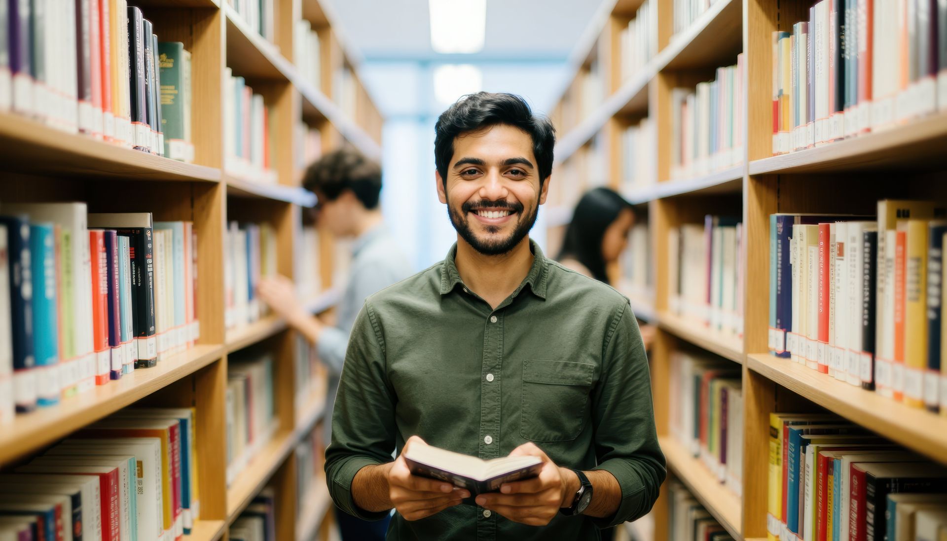 Smiling person holding a book between library shelves