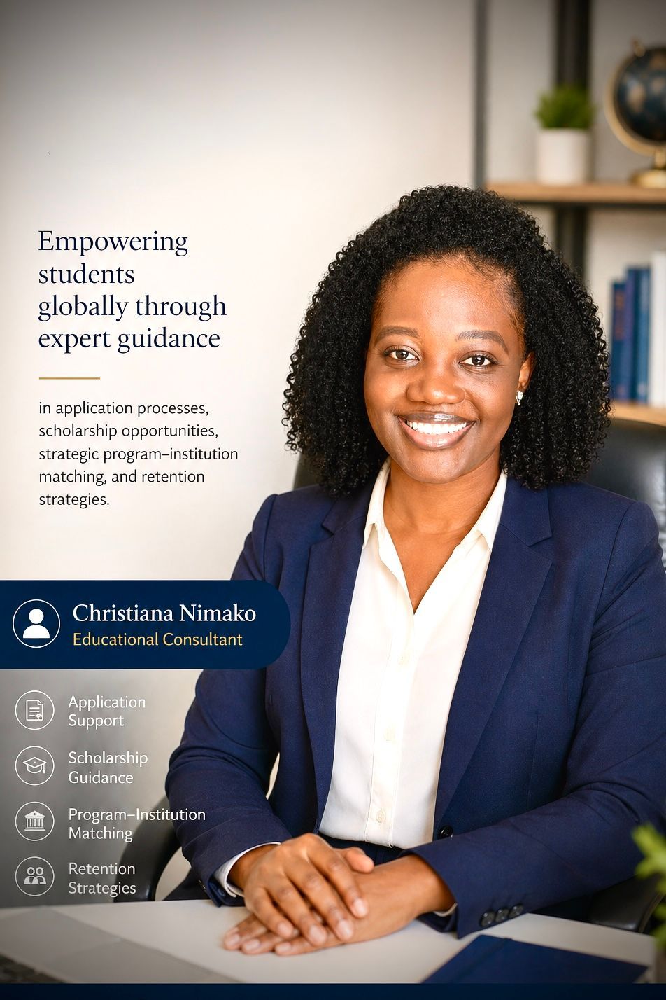 Portrait of a smiling professional seated at a desk, with “Empowering students globally through expert guidance” text.