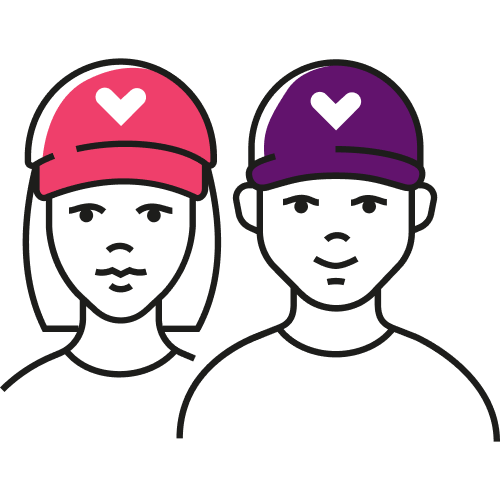 Two people, one in pink hat, one in purple hat, both with heart logos.