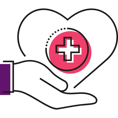 Hand holding a heart with a medical cross inside, symbolizing healthcare support.