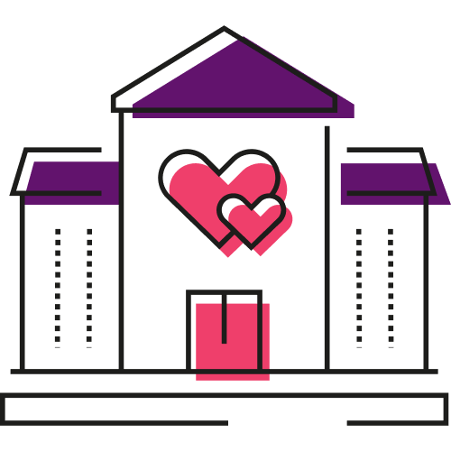 Building with purple accents and two overlapping hearts.