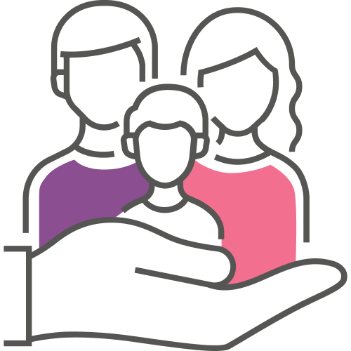 A family (parents and child) held in a supportive hand, purple and pink accents.