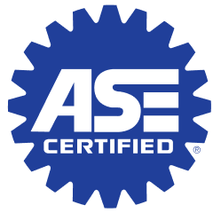 Blue gear-shaped logo with white