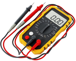 Multimeter with black and red probes, displaying 0.00 on the screen. Yellow body with black buttons and dial. | Clemente's Auto Care