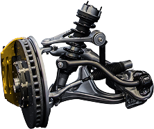 Car suspension and braking system, silver and black parts, on a white background. | Clemente's Auto Care