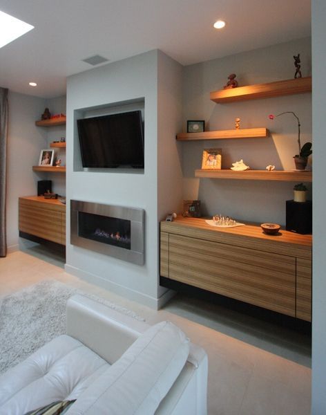 A living room with a fireplace and a flat screen tv