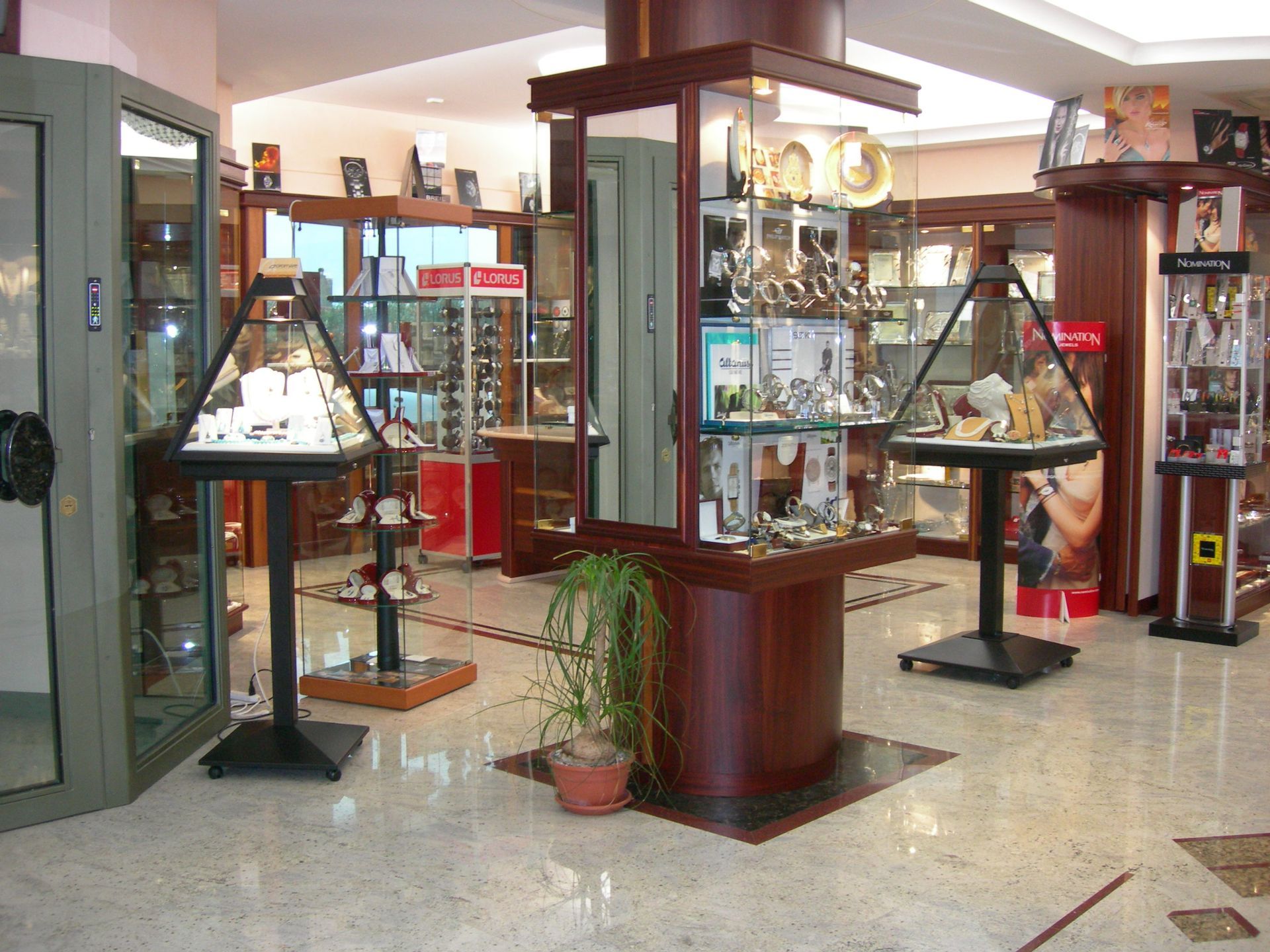 Un negozio pieno di tanti espositori e una pianta