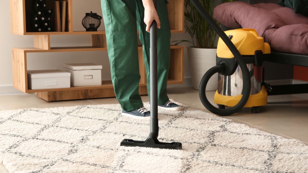 A person is using a vacuum cleaner to clean a rug in a living room.