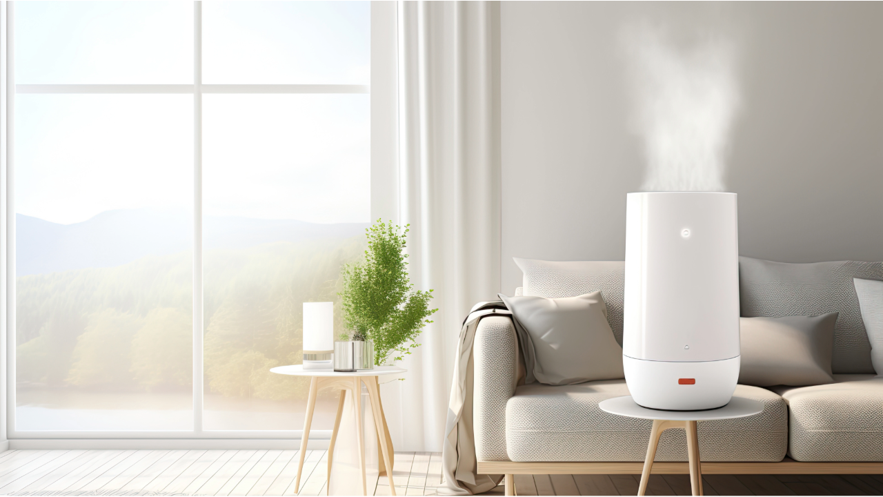 A living room with a couch and a table with a humidifier on it.