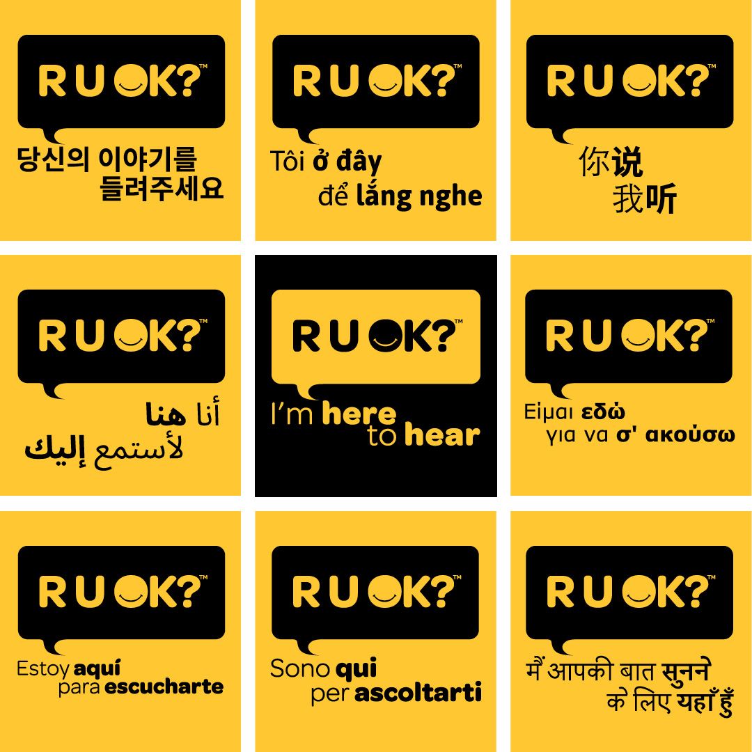 Image shows multiple translations of Ask R U OK? No qualifications needed