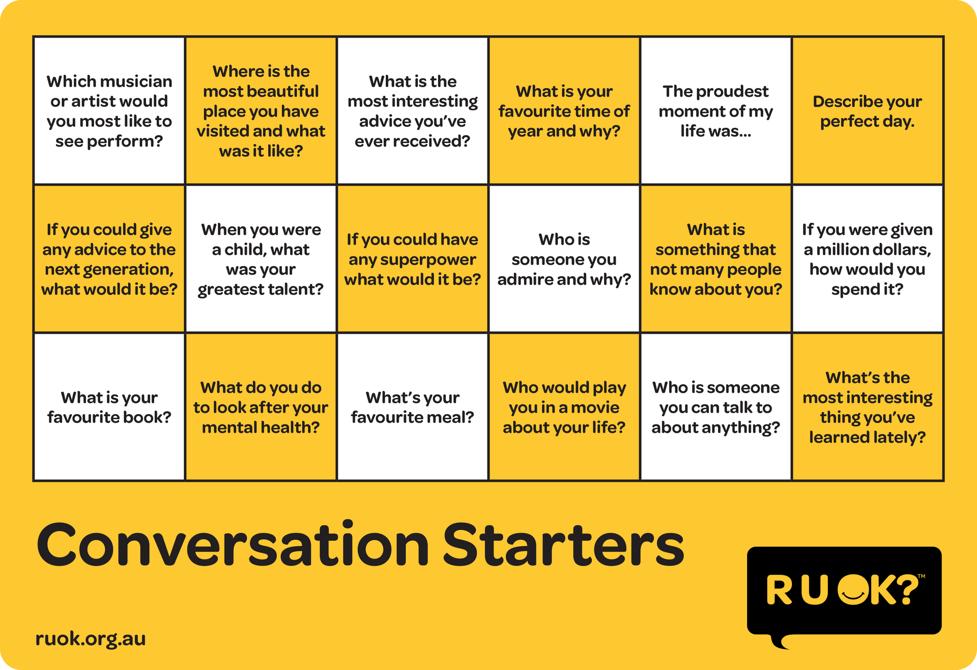 R U OK? Conversation Quiz Activity Sheet