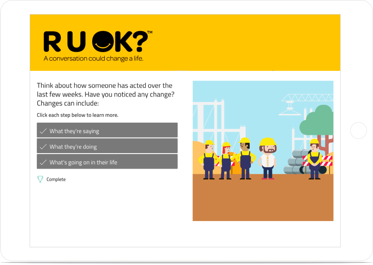animated group of people and multiple choice question test with R U OK? sign