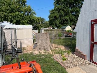 A tree stump is being removed by a tractor in a backyard.