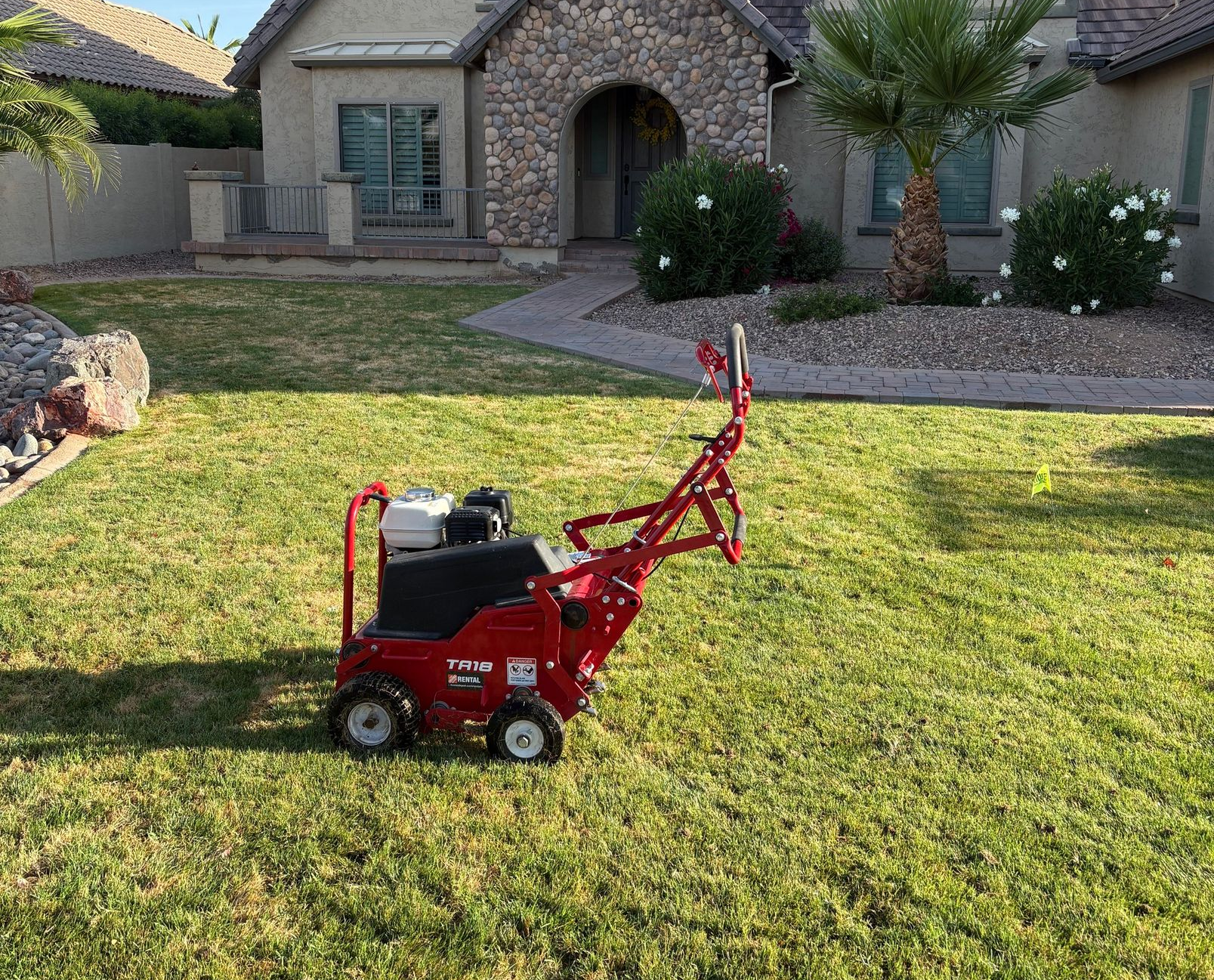 Man mowing a green lawn with a teal and black electric lawnmower. He wears a plaid shirt, jeans, gloves, and sneakers.