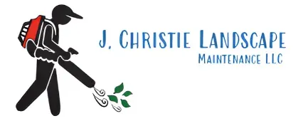 Logo for J. Christie Landscape Maintenance LLC, depicting a stick figure using a leaf blowe