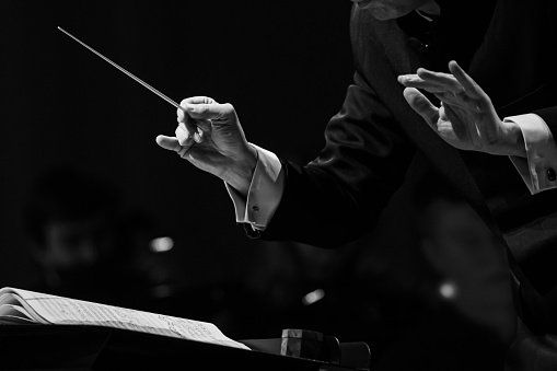 Conductor leading an orchestra, holding baton and directing musicians with hand gestures. Black and white.