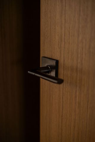 A close up of a door handle on a wooden door.