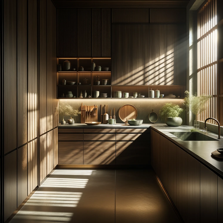 A kitchen with wooden cabinets and a sink