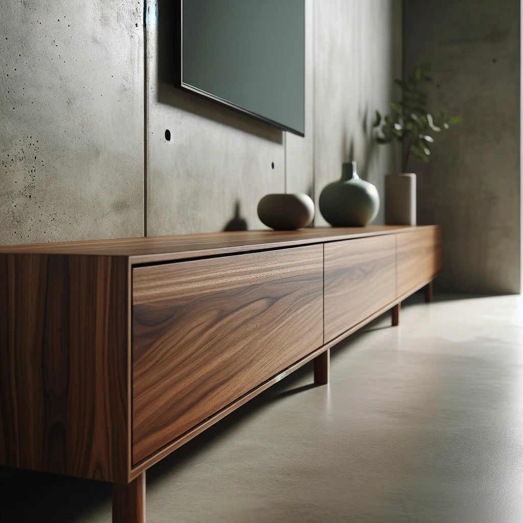 A tv is mounted on a wall above a wooden entertainment center