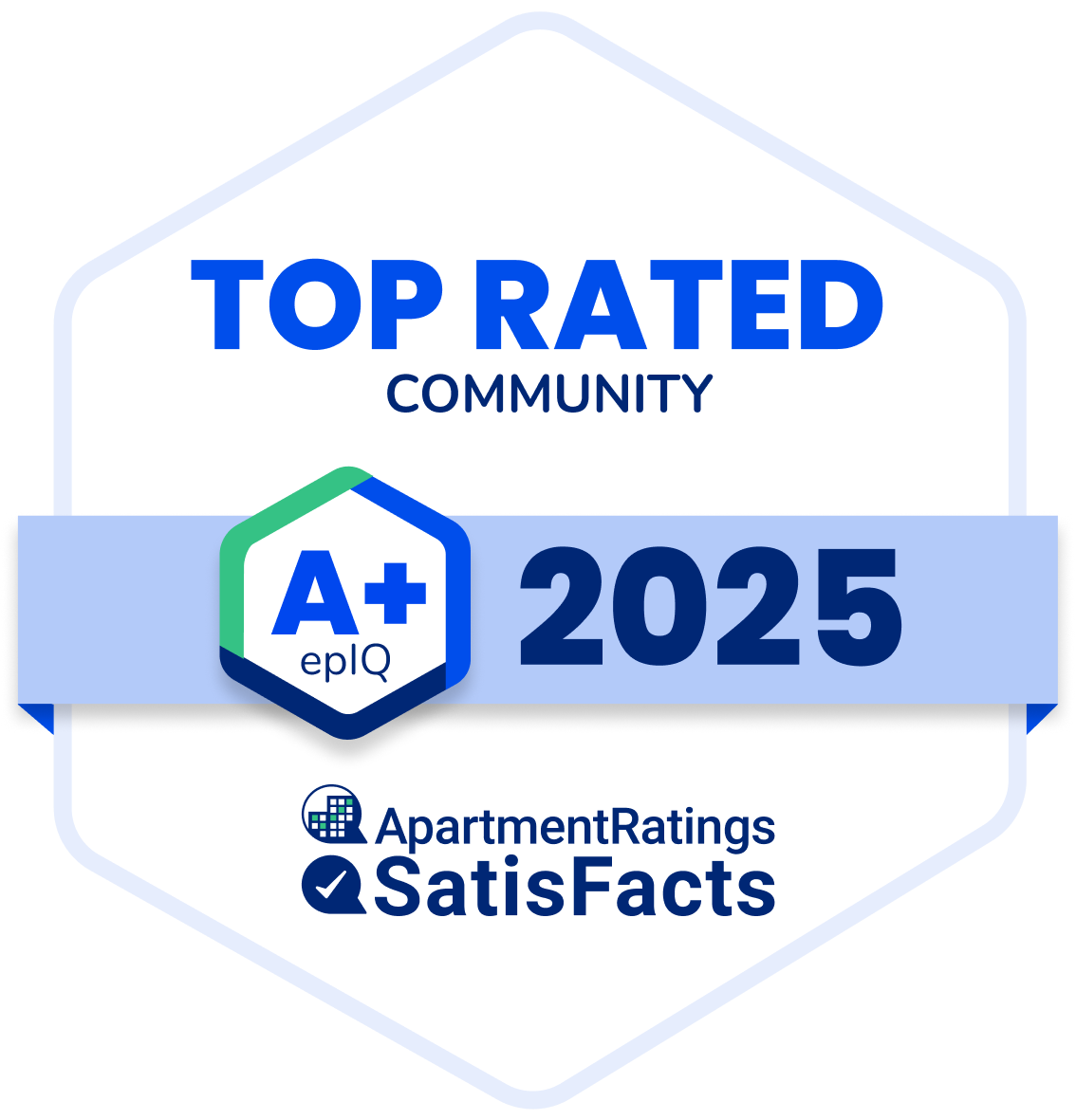 Badge: Top Rated Community, A+ rating from eplQ, ApartmentRatings, and SatisFacts. Year 2025.