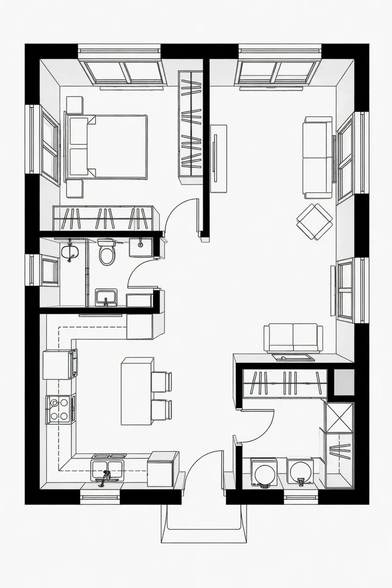Custom granny flat exterior render with floor plan and feature list, wood-clad design and patio.