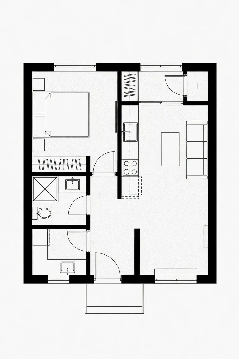 Black-and-white floor plan of a two-bedroom apartment with central hall and bathroom.