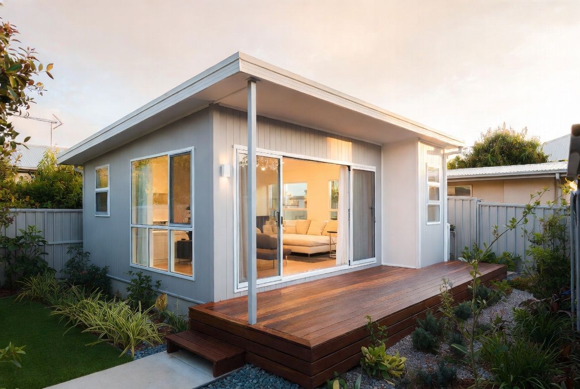 Modern gray house with large windows and a wooden deck in a landscaped yard at sunset