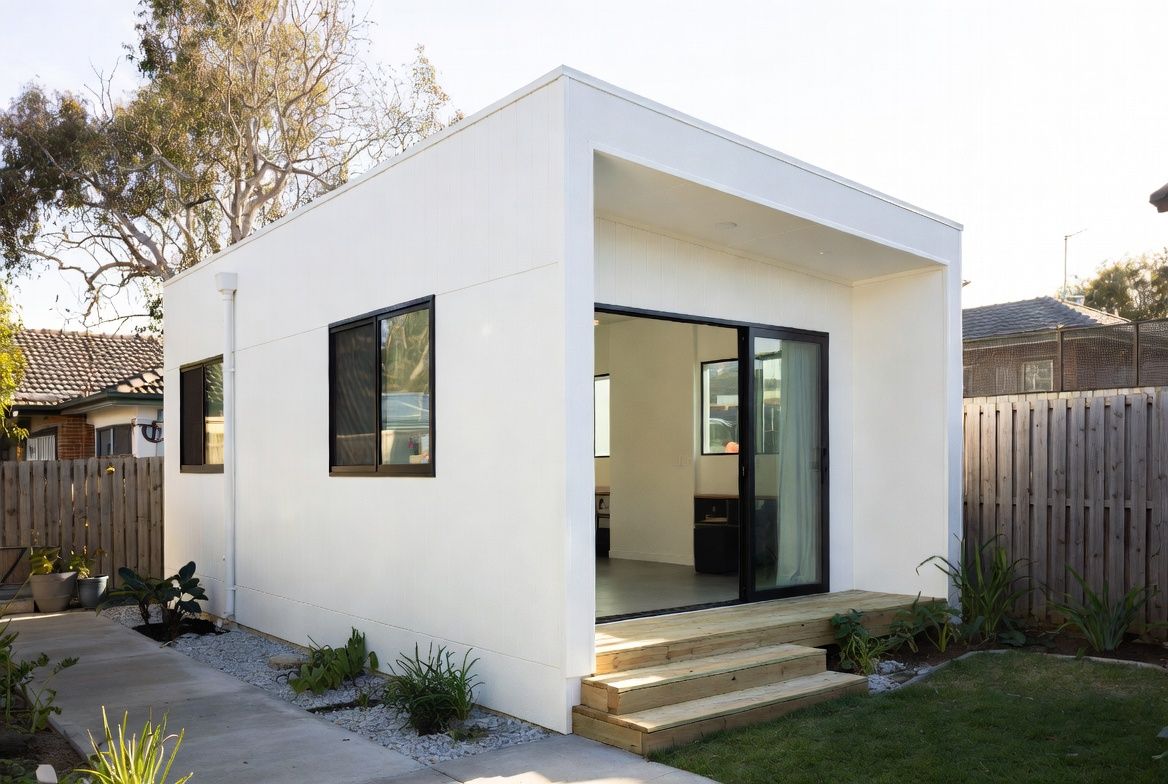 Modern house exterior with large windows, a wooden deck, and garden landscaping at sunset