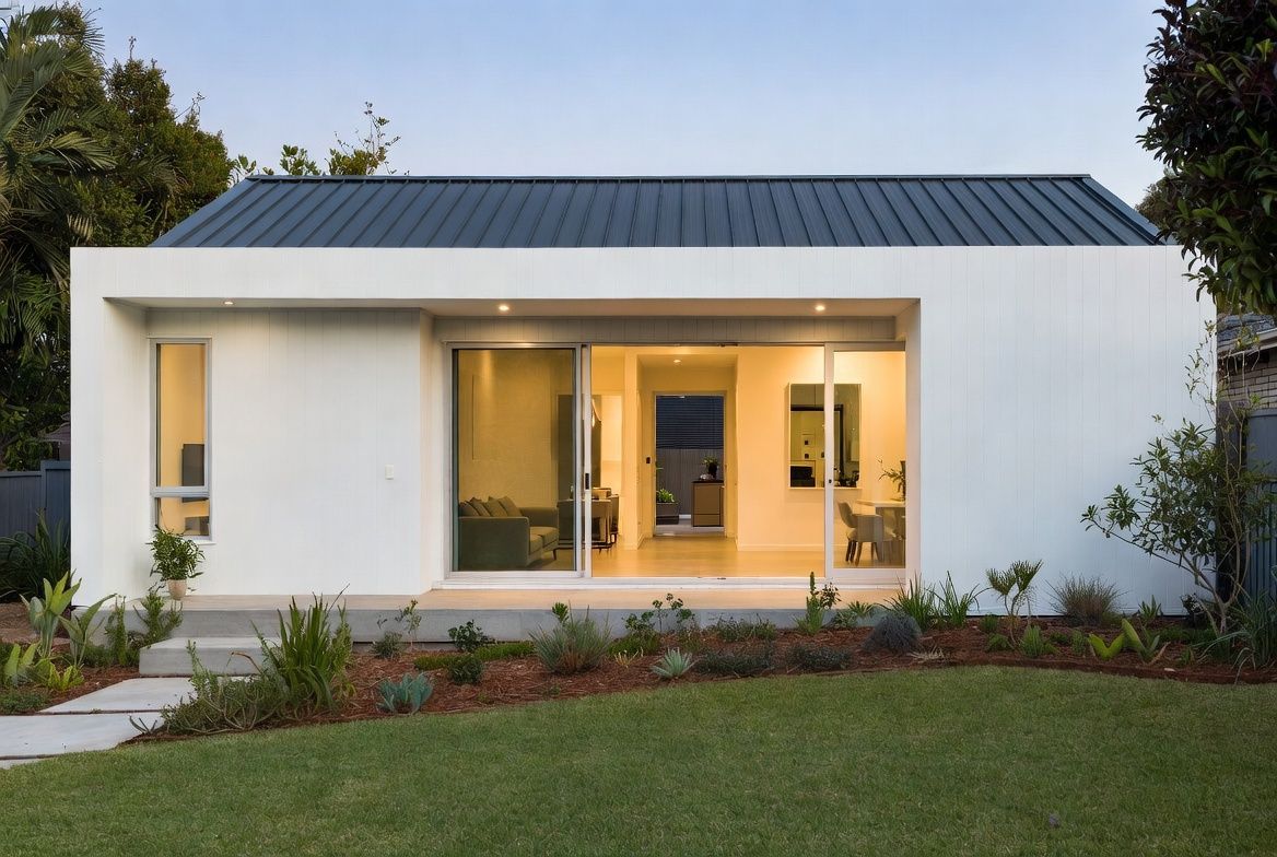 Modern white house with a dark roof, large front windows, and a landscaped lawn at dusk