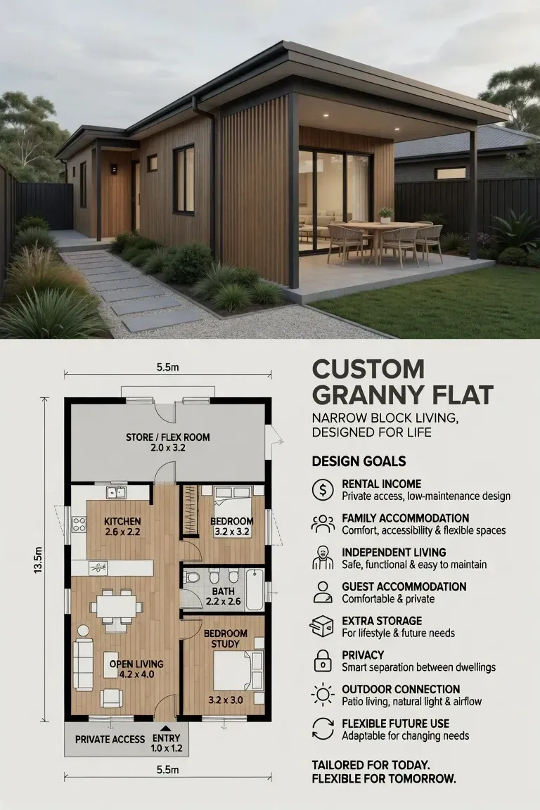 Custom granny flat exterior render with floor plan and feature list, wood-clad design and patio.