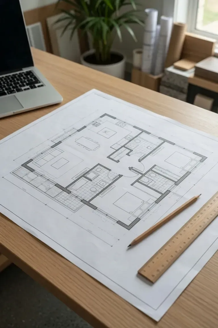 Architect's desk with floor plan drawings, ruler, and laptop by a window