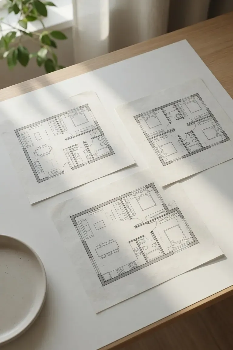 Custom granny flat exterior render with floor plan and feature list, wood-clad design and patio.
