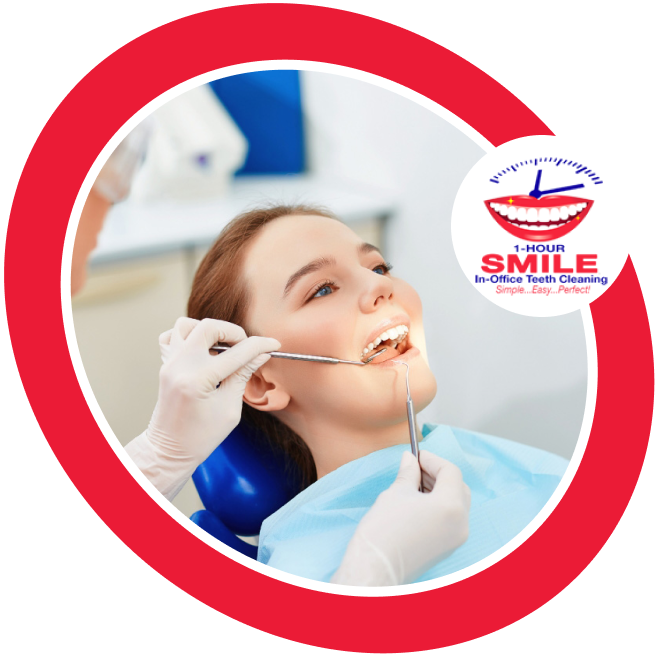 Woman having teeth cleaned in a dental office. Red circle frames the photo. A clock logo shows 