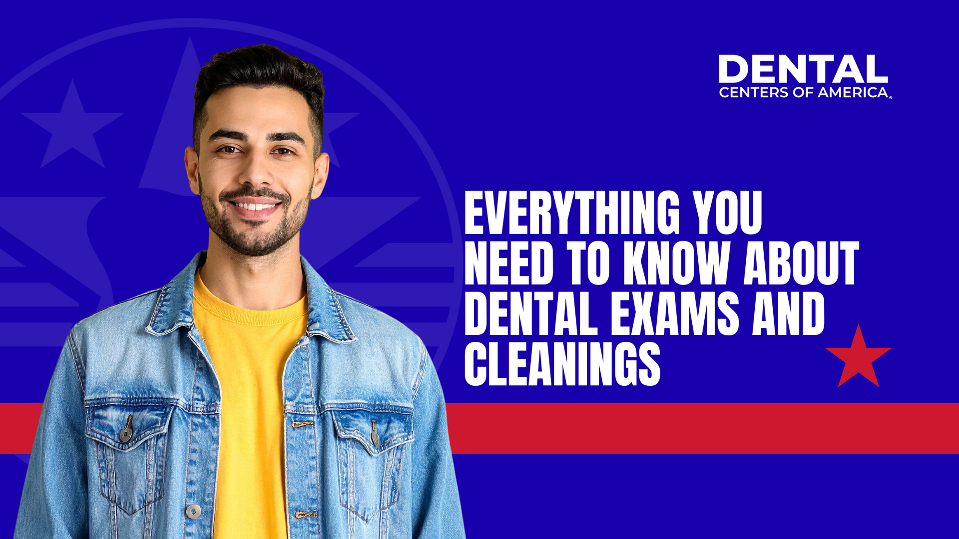 Smiling man in jean jacket, Dental Centers of America ad. Text: 