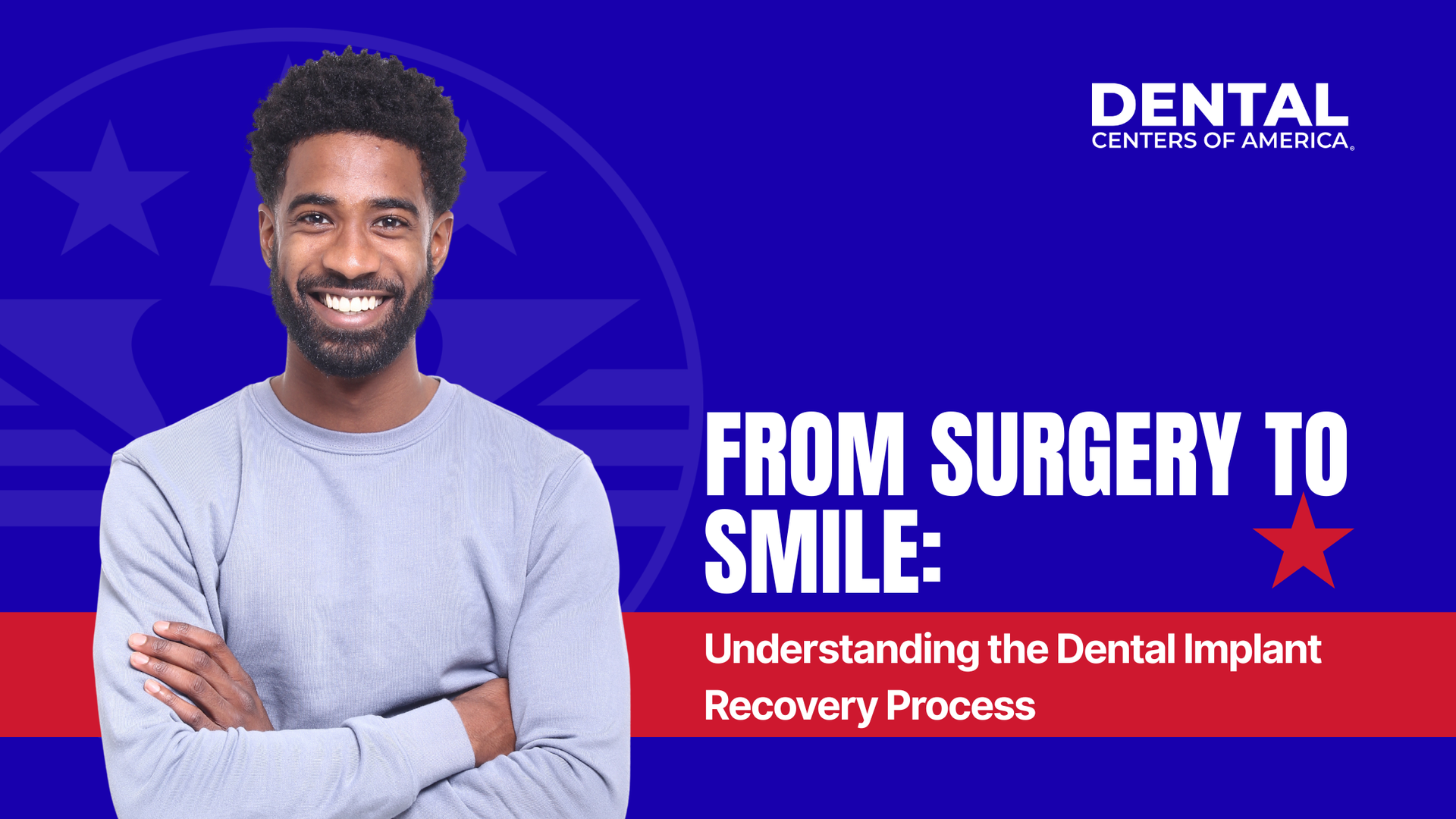 Smiling man with arms crossed against a blue and red backdrop; text says 