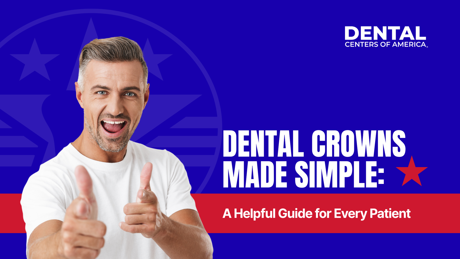 Man smiling, pointing, with text 