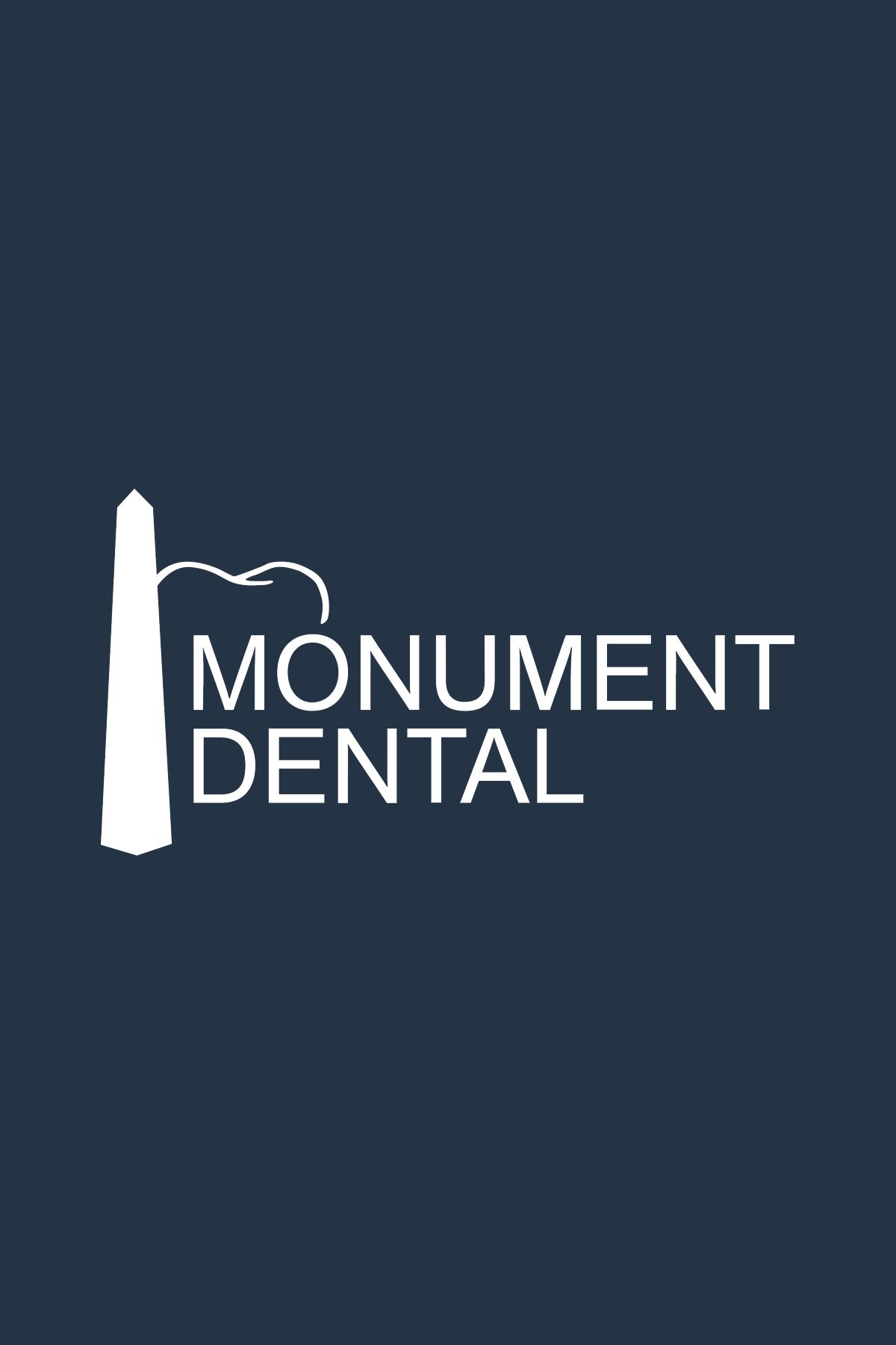 White Monument Dental logo featuring a stylized monument icon on a dark blue background.