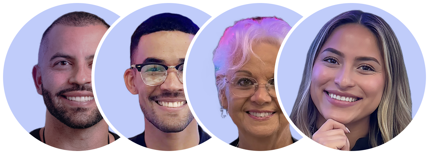 Four smiling people in blue-backed, overlapping circles.