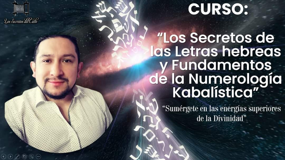 Hombre promocionando un curso sobre letras hebreas y numerología cabalística con superposición de texto.
